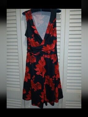 Women's Large Black & Red Floral Sleeveless V-Neck Fit & Flare Dress new